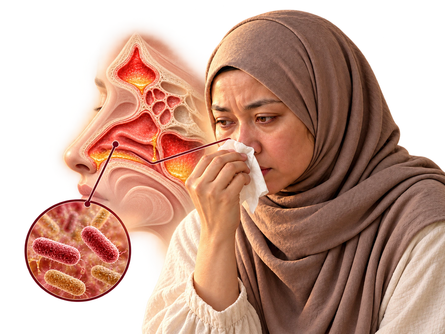 Ilustrasi wanita dengan tisu dan anatomi sinus